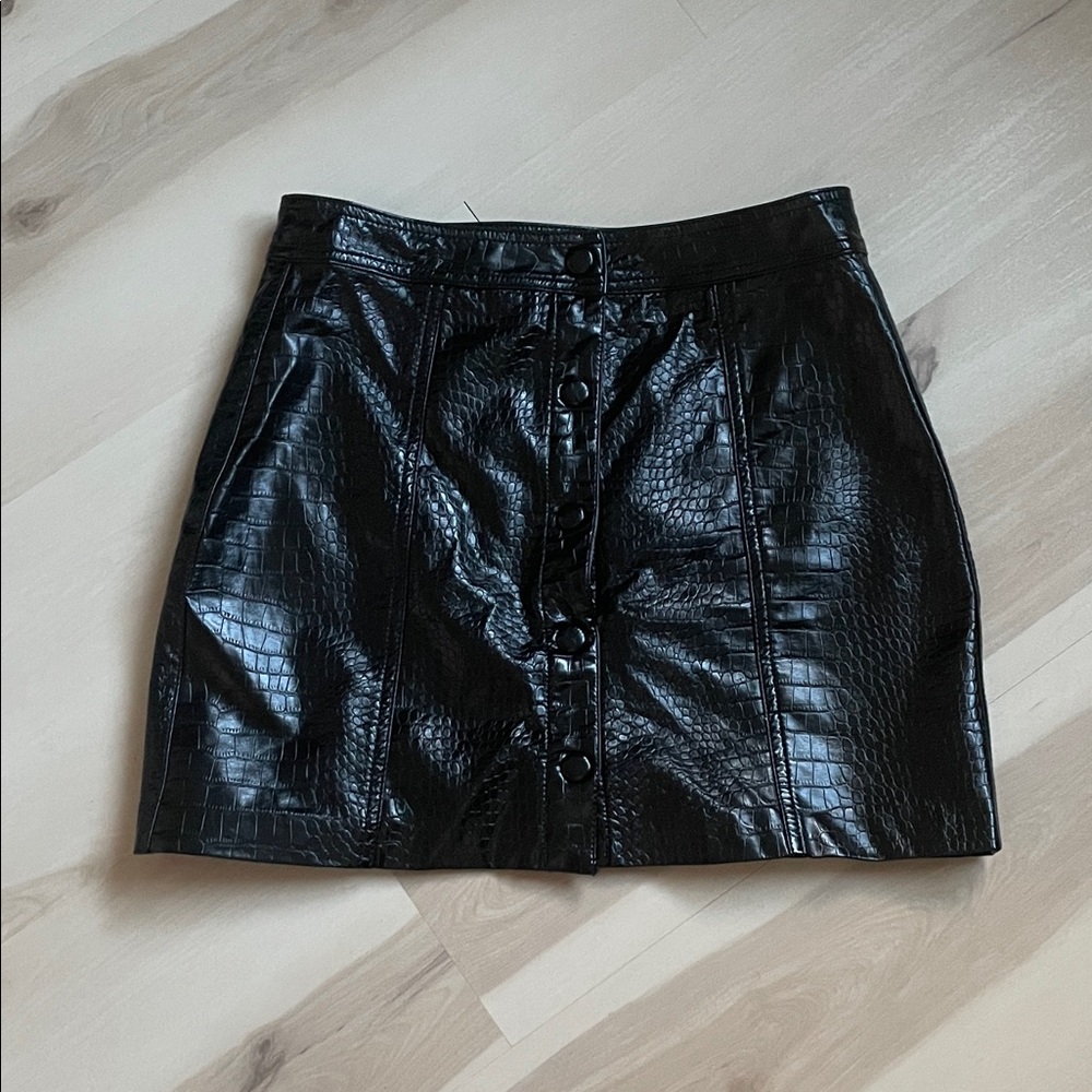 Black Croc-Embossed Leather Skirt